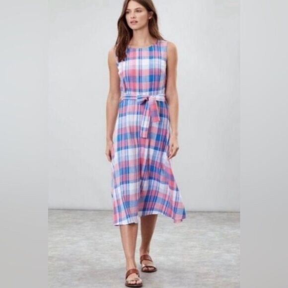 Joules Pink Blue Plaid Fiona Midi Dress Cotton Sleeveless Tie Waist 6 - Picture 1 of 13